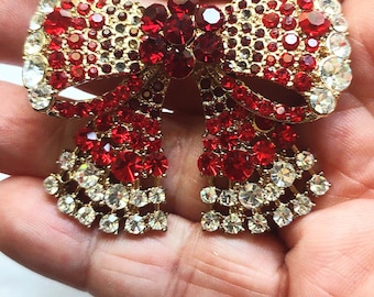 Broche navideño vintage con lazo: broche con incrustaciones de diamantes de imitación rubí
