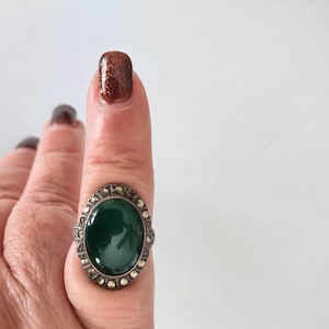 Jade Ring / Chrysoprase Ring / Green Marcasite Ring / Art Deco Ring / Marcasite Jewelry / Silver Green Ring / Sterling Ring /