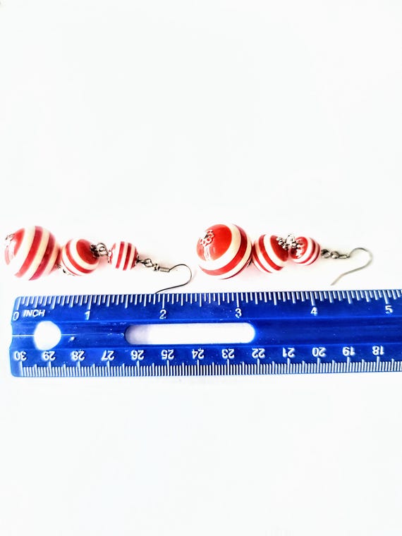 Red Striped Ball Dangle Earrings: Fun Hippie Stat… - image 3