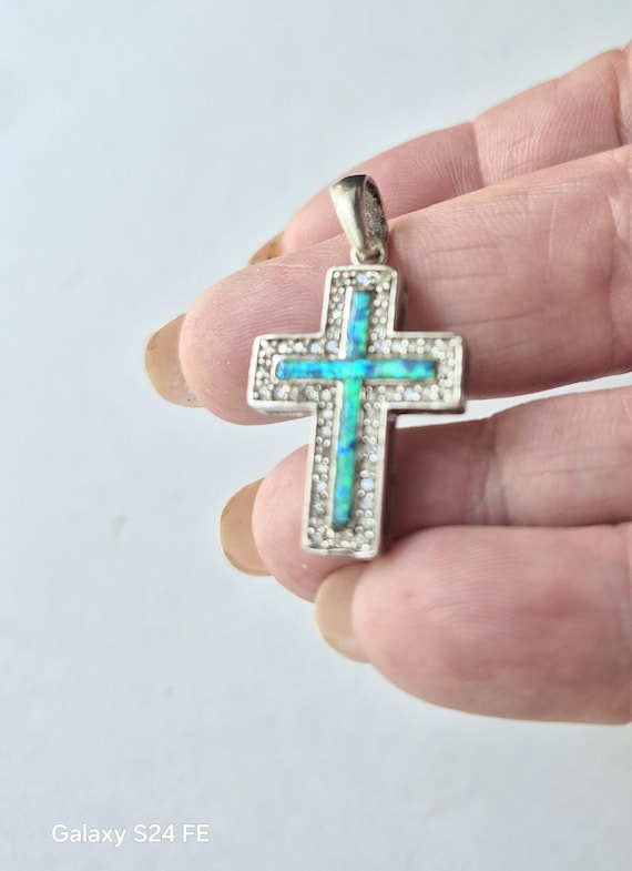 Opal Silver Necklace/ Carribean Opal Pendant / Opal Pendant / Blue Opal Pendant / Rhinestone Cross / Carribean Opal Cross / Sterling Cross