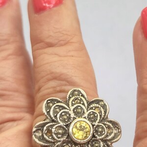 Marcasite Ring / Floral Ring / Sterling Ring / Large Silver Ring / Yellow ring / Marcasite Jewelry/ Sterling Jewelry/ Large Ring