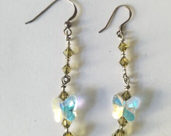 Sterling Crystal Earrings / Butterfly Earrings / Butterfly Items / Crystal Earrings / Butterfly Jewelry / Crystal Jewelry/ Dangle Earrings