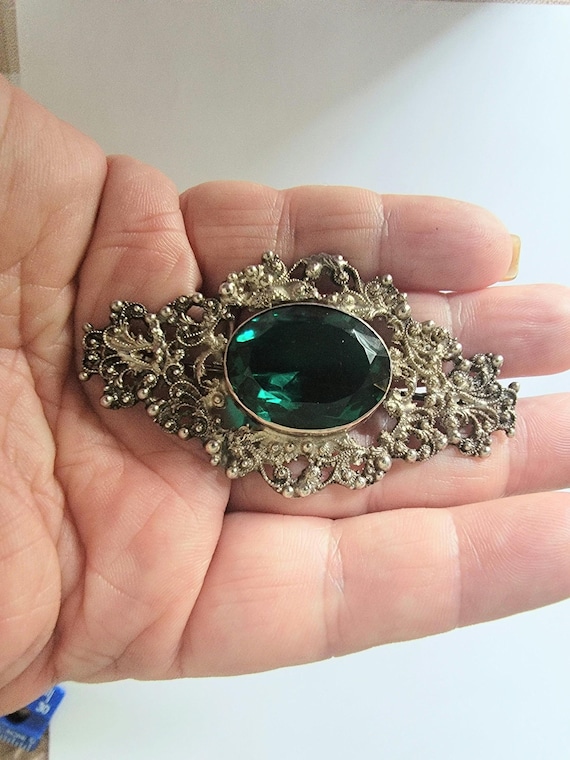 Antique Silver Brooch/ Pin/ Sterling Brooch / Pin / Filigree Brooch / Pin/ Antique Green Brooch/ Pin / Silver Green Brooch/ Pin / Antiques