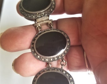 Grote sterlingzilveren armband met onyx en marcasiet
