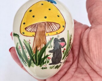 Easter Egg/ Mushroom Decor / Hand Painted Egg/ Mouse Items/ Mushroom Items/ Ceramics Eggs/ Signed Egg / Easter Items / Easter Basket Items