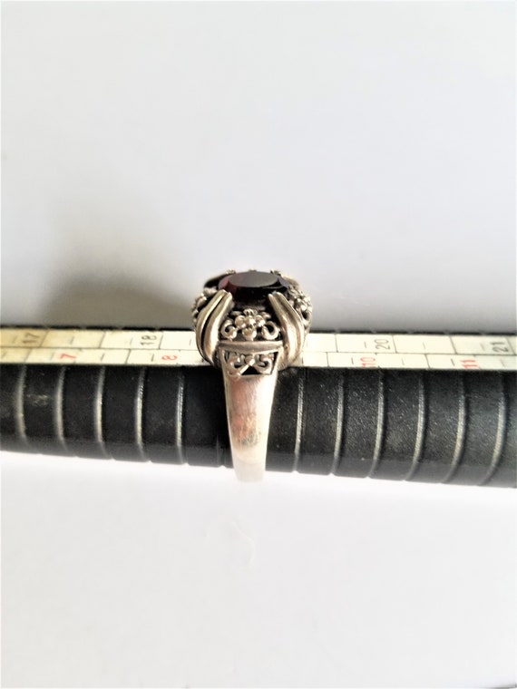 Sterling Silver Floral Ring: Lab Ruby Garnet Stat… - image 3