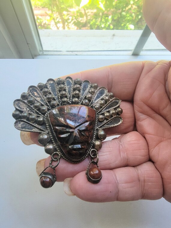 Mexico Brooch/ Pin / Mask Brooch / Pin Inca Brooch / Pin/ Stone Brooch / Pin Silver Stone Brooch / Pin /  Sterling Brooch / Pin