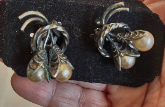 Marcasite Earrings/ Pearl Clip Earrings/ Pearl Ea… - image 4