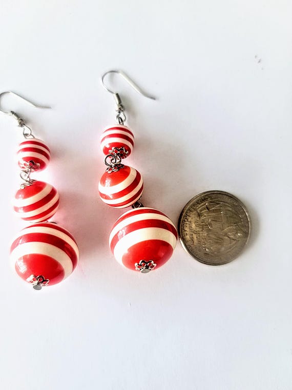 Red Striped Ball Dangle Earrings: Fun Hippie Stat… - image 4