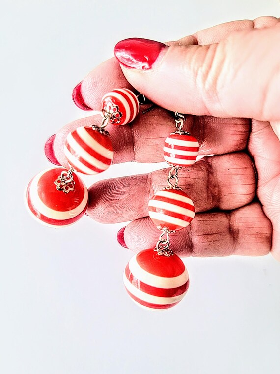 Red Striped Ball Dangle Earrings: Fun Hippie Stat… - image 2