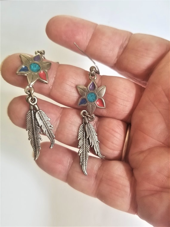 Sterling Earrings / Feather Earrings / Star Earrings / Sterling Jewelry / Turquoise Earrings / Turquoise Jewelry / Star Jewelry