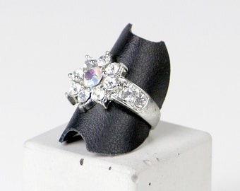 Vintage Rhinestone Flower Ring: Silver Tone Rainbow Cocktail Ring, Size 8