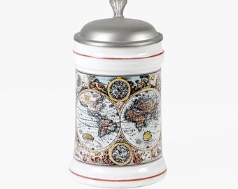 Jarra de cerveza vintage Rastal: Mapa del mundo de 1976, coleccionable alemana con tapa de peltre