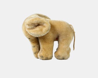 ビンテージぬいぐるみ像 1950年頃のベルグ社製ヴィンテージぬいぐるみ象、高さ18cm、幅25cm