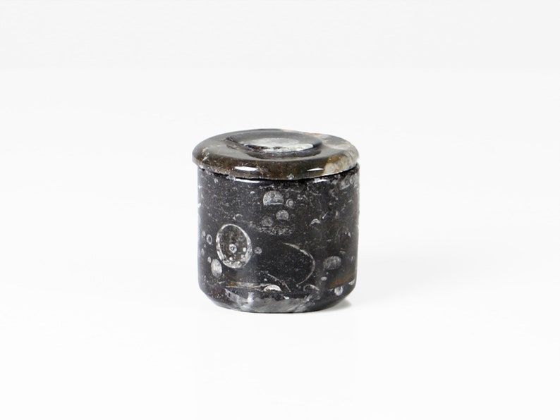 May include: A small, cylindrical container with a lid. The container is dark gray with white and light gray markings. The lid is a darker gray with a circular indentation. The container is likely made of stone or a similar material.