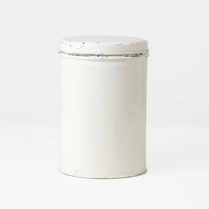 Vintage White Painted Metal Tin: Early 20th Century Antique Round Storage Tin