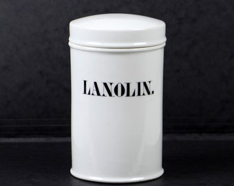 Vintage apothecary jar white black labeled porcelain - Lanolin