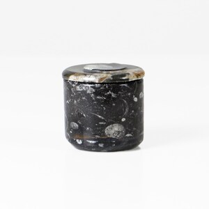 May include: A small, cylindrical container with a lid. The container is dark with a speckled pattern, and the lid is a contrasting lighter color. The item is likely a decorative box or a small storage jar.