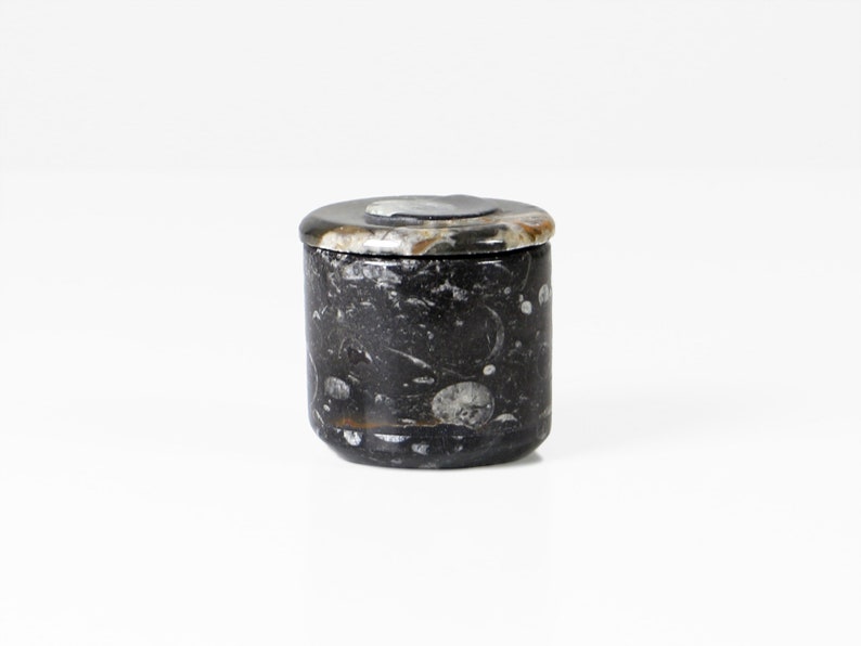 May include: A small, cylindrical container with a lid. The container is dark with a speckled pattern, and the lid is a contrasting lighter color. The item is likely a decorative box or a small storage jar.