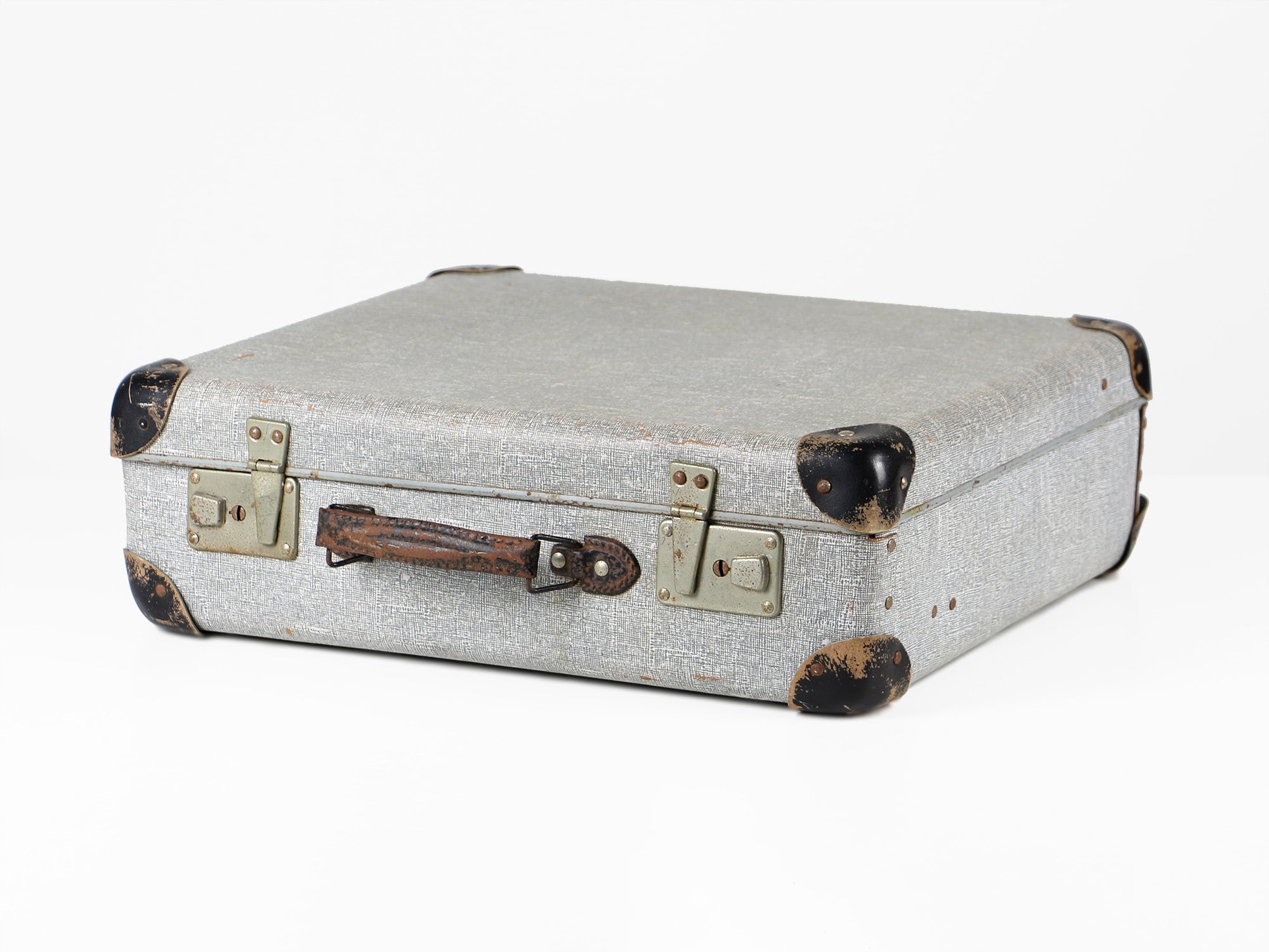 Vintage Gray Suitcase: 1930s Hardshell Metal Case, Decorative