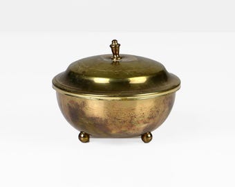Vintage Brass & Copper Metal Box – 1960s Mid Century Container – Engraved Lid – Retro Storage Tin