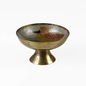 Vintage hand painted  brass bowl 60s birds decor