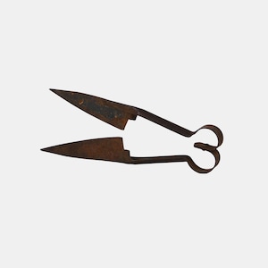 May include: A pair of antique, rusty metal shears with pointed blades and looped handles. The blades are open, revealing their sharp edges. The shears appear to be well-worn, suggesting age and use. The tool is likely used for cutting.
