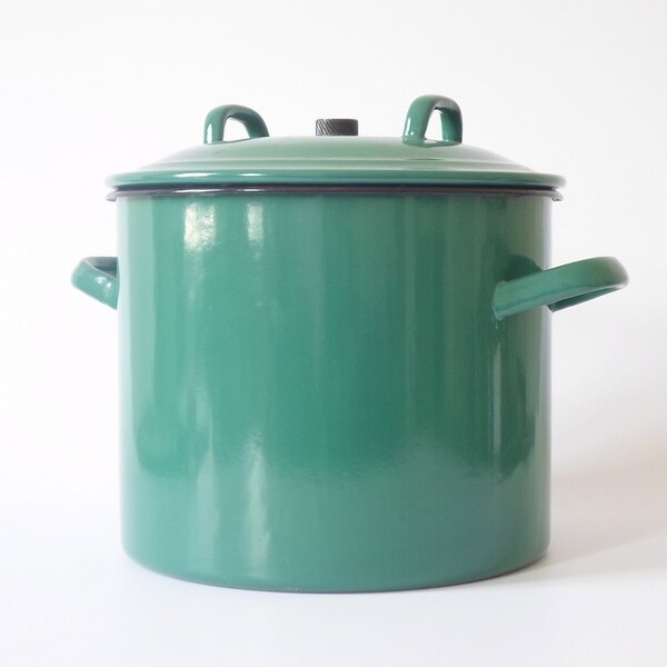 Vintage enamel preserving pot canning pot cooking pot green white kitchen large German vintage pot