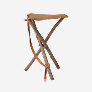 Handmade Folding Tripod Stool: Rustic Leather Seat, Wooden Legs