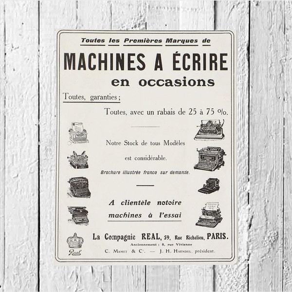 French vintage advertising, typewriter advertisement, Machines à écrire, antique advertising