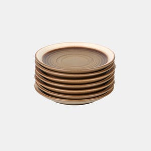 Könnte beinhalten: Ein Stapel von acht Keramikplatten. Jede Platte hat einen hellbeigen Rand, eine dunkelbraune Mitte und ein konzentrisches Wirbeldesign. Die Teller sind warmbraun und übereinander gestapelt.