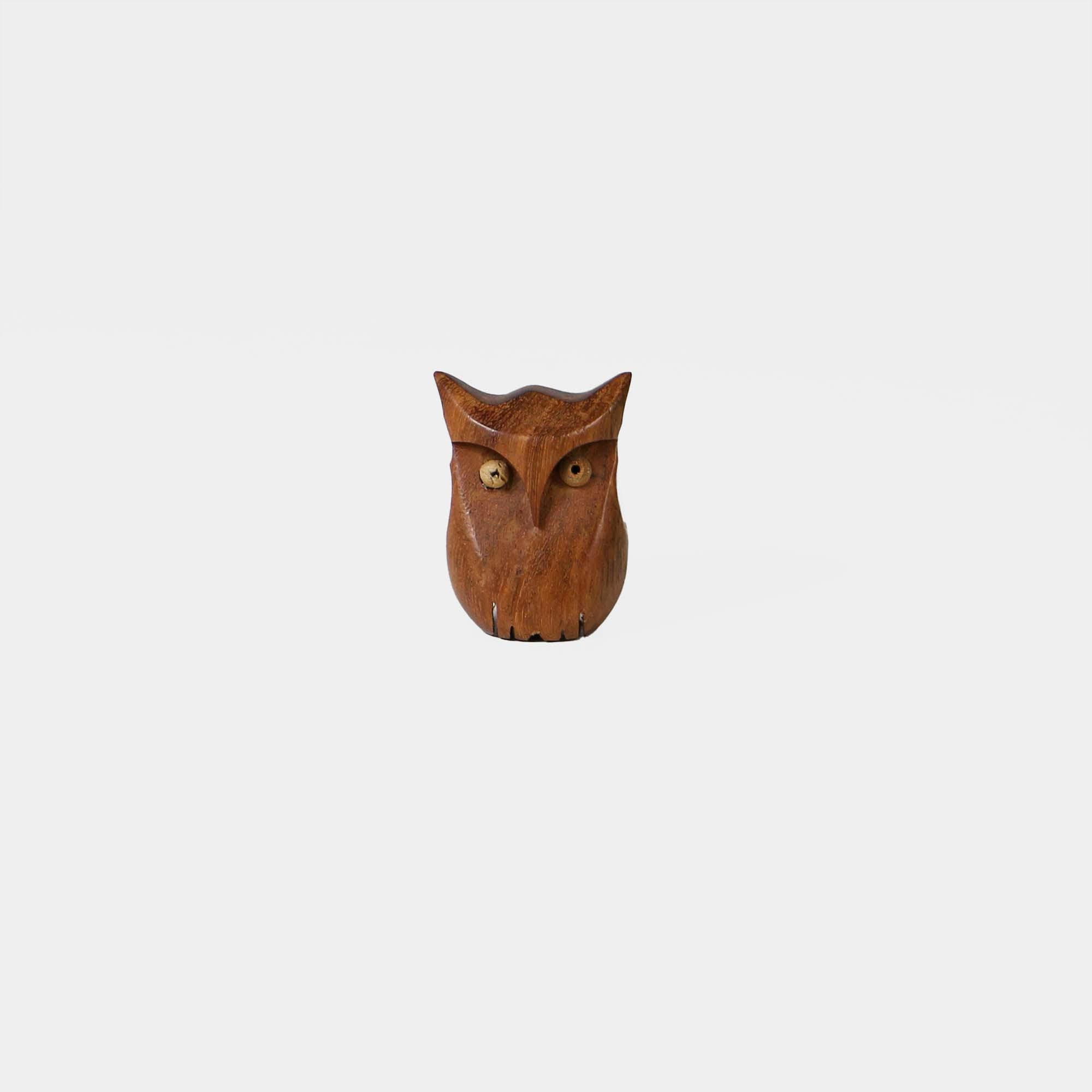 Vintage Teak Owl Figurine – Hand Carved Scandinavian 1960s Wooden Sculpture with Bead Eyes &nd
