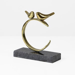 Vintage Brass Bird Sculpture on Marble Base – 1960s Mid Century Modern – Sparrow or Dove Pair