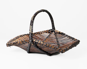 1970s Woven Rattan Basket with Handle – Retro Boho Decor