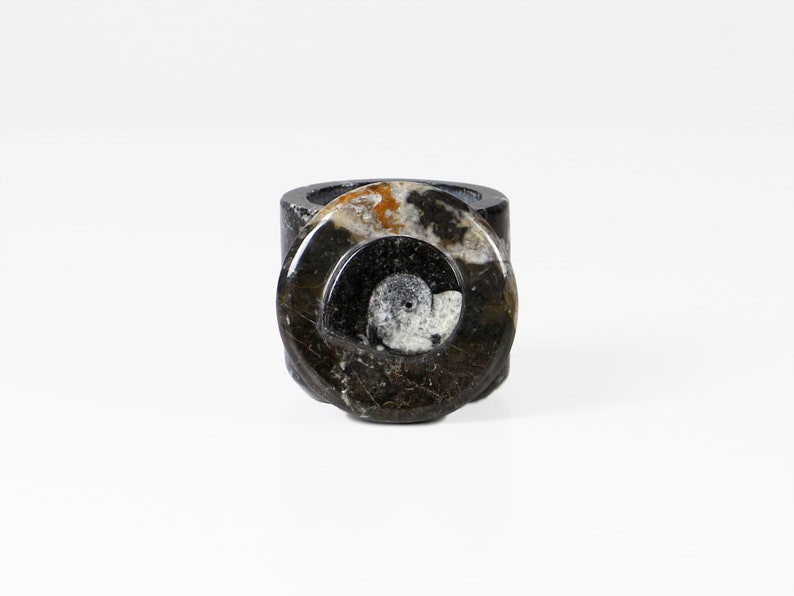 May include: A dark, patterned ring with a circular design. The ring features a mix of black, brown, and white colors, with a polished finish. The ring is a unique piece of jewelry.