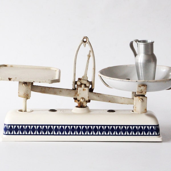 Antique kitchen scale 1930 balance scales Art Nouveau Jugendstil 5kg Krups Germany blue white mosaic pattern