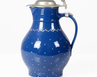 Vintage Bürgel Ceramic Pitcher: Blue Polka Dot, Tin Lid - 1970s Pottery