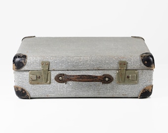 Maleta gris vintage: estuche rígido de metal de los años 30, almacenamiento decorativo