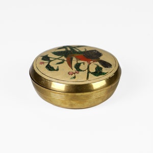 Vintage brass box floral & bird hand painted 60s Mid Century