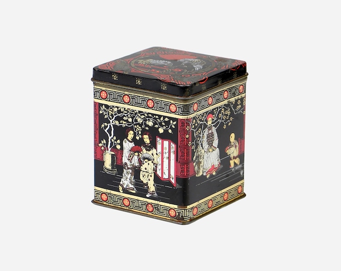 Vintage English Tea Tin 1970s – Gold Metal Box with Asian Motifs – Decorative Storage