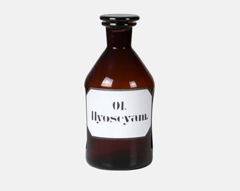 Frasco de boticario antiguo de vidrio marrón con etiqueta – Botella de farmacia de los años 30-50 – Aceite de beleño – Recipiente de almacenamiento de vidrio médico con tapa