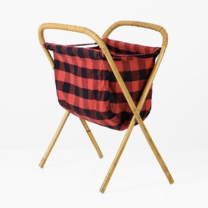 Vintage laundry basket  bamboo & checkered fabric 70s