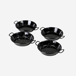 May include: Four black enamel pans with speckled white dots. Each pan has two curved handles. The pans are round and appear to be empty, set against a plain background.