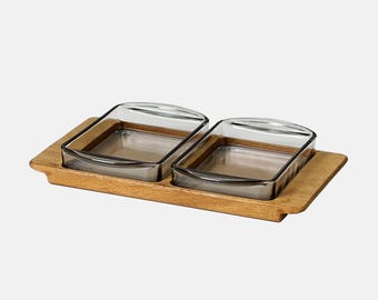 Vintage Teak Tablett mit Glasschalen Dänemark 1960er Design  Mid Century Modern