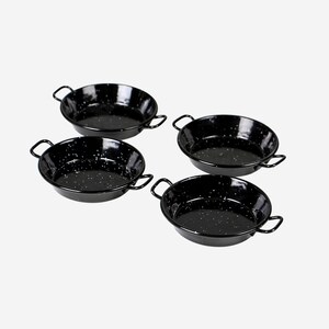 May include: Set of four black enamel cast iron mini skillets with speckled white finish and black handles.