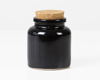 Vintage Stoneware Storage Jar – 1970s Dark Brown Ceramic with Cork Lid – Rustic Kitchen Canister