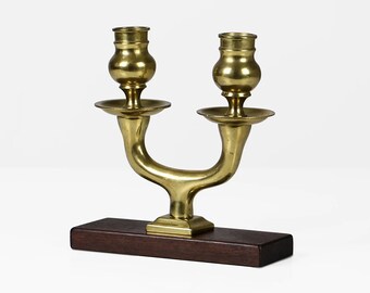 Vintage Messing Kerzenständer mit Teak – 1960er – Mid Century Design – Massiver Kerzenhalter