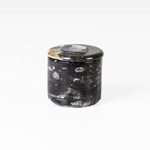 May include: A small, cylindrical container with a lid. The container is made of a dark, speckled material, with a mix of black, gray, and white tones. The lid is a similar material, with a slightly lighter color and a circular shape.