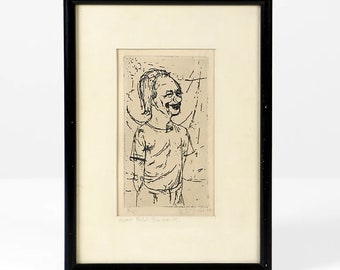 Vintage etching clown original art signed by artist