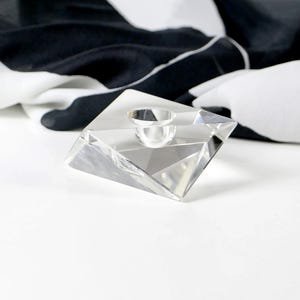 Vintage 1970s Glass Candle Holder – Heavy Cut Glass Taper Holder – Retro Diamond Shape – Mid Century Table Decor